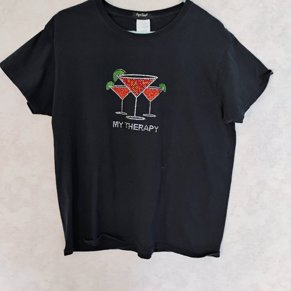 Lyn Dorf Black Rhinestone Martini "My Therapy" Tee Size Large